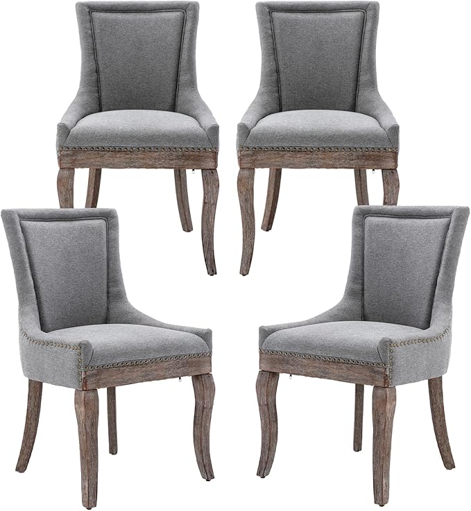 Modern Dining Chairs Set of 4, High Back Dining Chairs Side Chairs with Solid Wood Legs, Upholstered Fabric Dining Room Chairs for Dining Room Kitchen, Grey