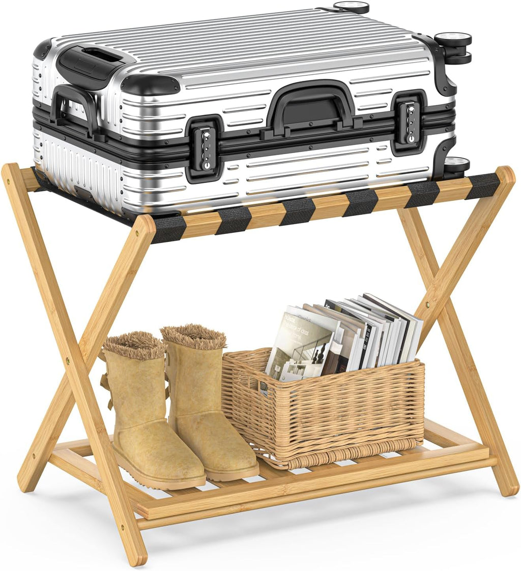 BAMBOOHOMIE Bamboo Luggage Rack for Guest Room, Wide Suitcase Stand with Storage Shelf, Folding Luggage Stand Holder for Bedroom Hotel, 26.77" Thickened Luggage Rack for Suitcases, Natural