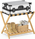 BAMBOOHOMIE Bamboo Luggage Rack for Guest Room, Wide Suitcase Stand with Storage Shelf, Folding Luggage Stand Holder for Bedroom Hotel, 26.77" Thickened Luggage Rack for Suitcases, Natural