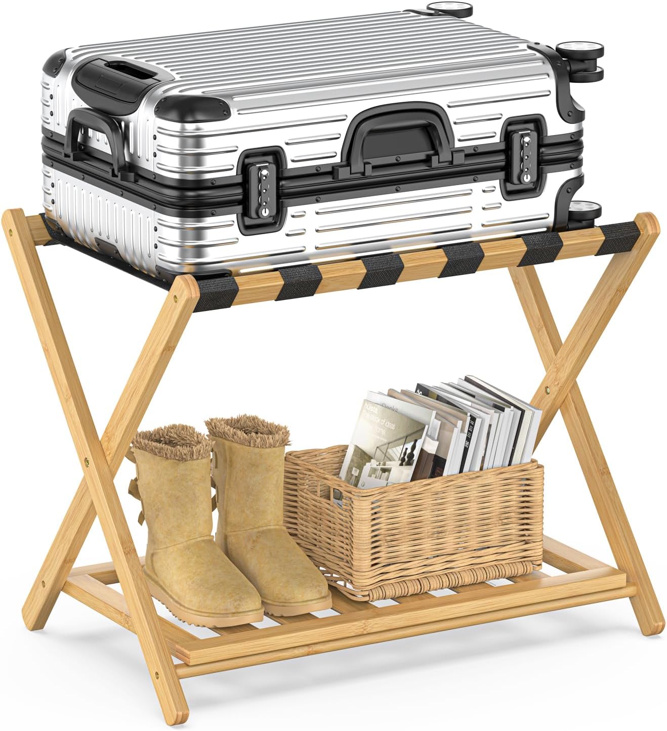 BAMBOOHOMIE Bamboo Luggage Rack for Guest Room, Wide Suitcase Stand with Storage Shelf, Folding Luggage Stand Holder for Bedroom Hotel, 26.77" Thickened Luggage Rack for Suitcases, Natural