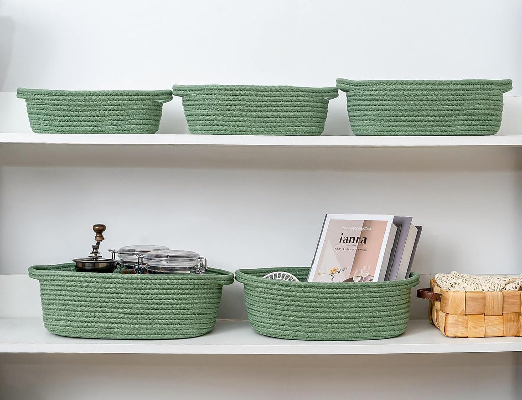 CubesLand Small Storage Basket Cotton Rope Organizer Baskets for Shelves | Set of 5 Decorative Closet Storage Bins with Handle for Countertop, Toilet Paper Basket for Toilet Tank Top, Green Basket