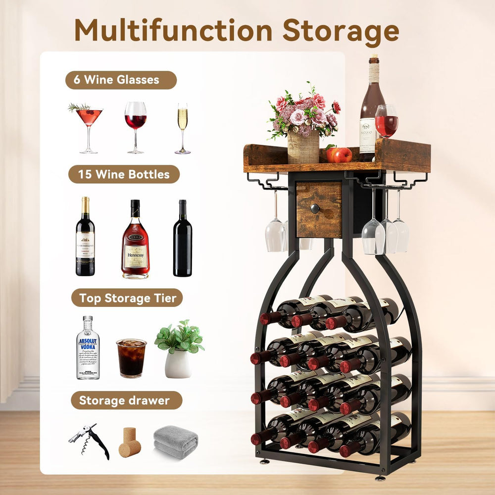 IBUYKE Wine Rack Freestanding Floor,15 Bottles,Glass Holder,Brown TMJ908H | M...