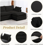 112'' Sectional Modular Cloud Couch, Oversized L Shaped 3 Seat Sofa with Movable Ottomans, 2 Throw Pillows, Upholstered Corduroy L Shape Comfy Deep Couches for Living Room and Office, Black