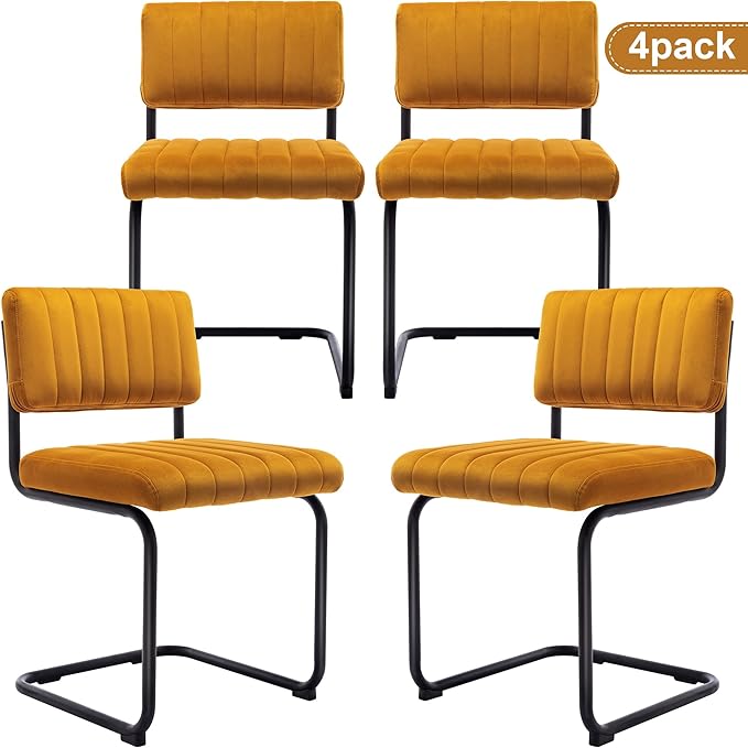 ONEVOG Velvet Dining Chairs Set of 4, Upholstered Kitchen Dining Room Chairs with Striped Open Back, Comfy Orange Chair Armless, Dinner Chair for Party, Black Chrome Metal Legs