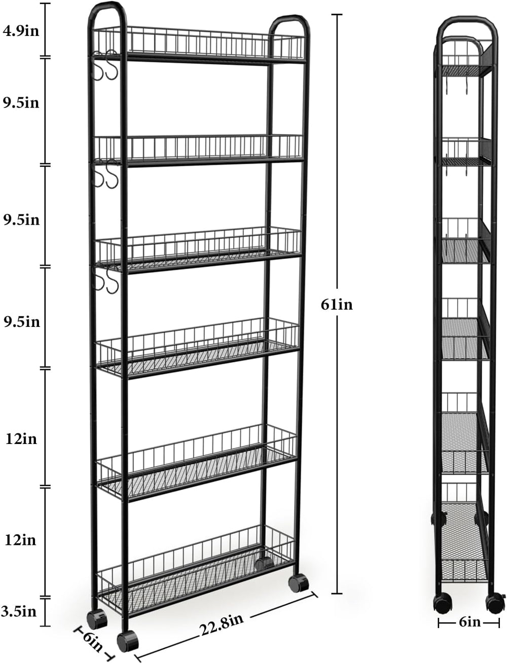 6in 6 Tier Slim Storage Cart with Wheels, Narrow Space Rolling Shelving Unit,...