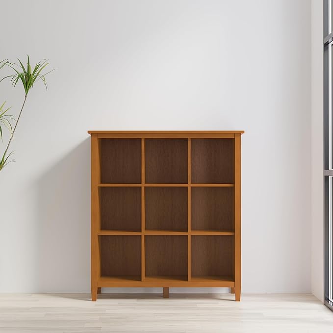 SIMPLIHOME Warm Shaker Bookcase - 44 inch Tall 9-Cube Solid Wood Cube Organizer in Light Golden Brown, Transitional Storage for Living Room, Study Room or Office with Fixed Shelves and Tapered Legs