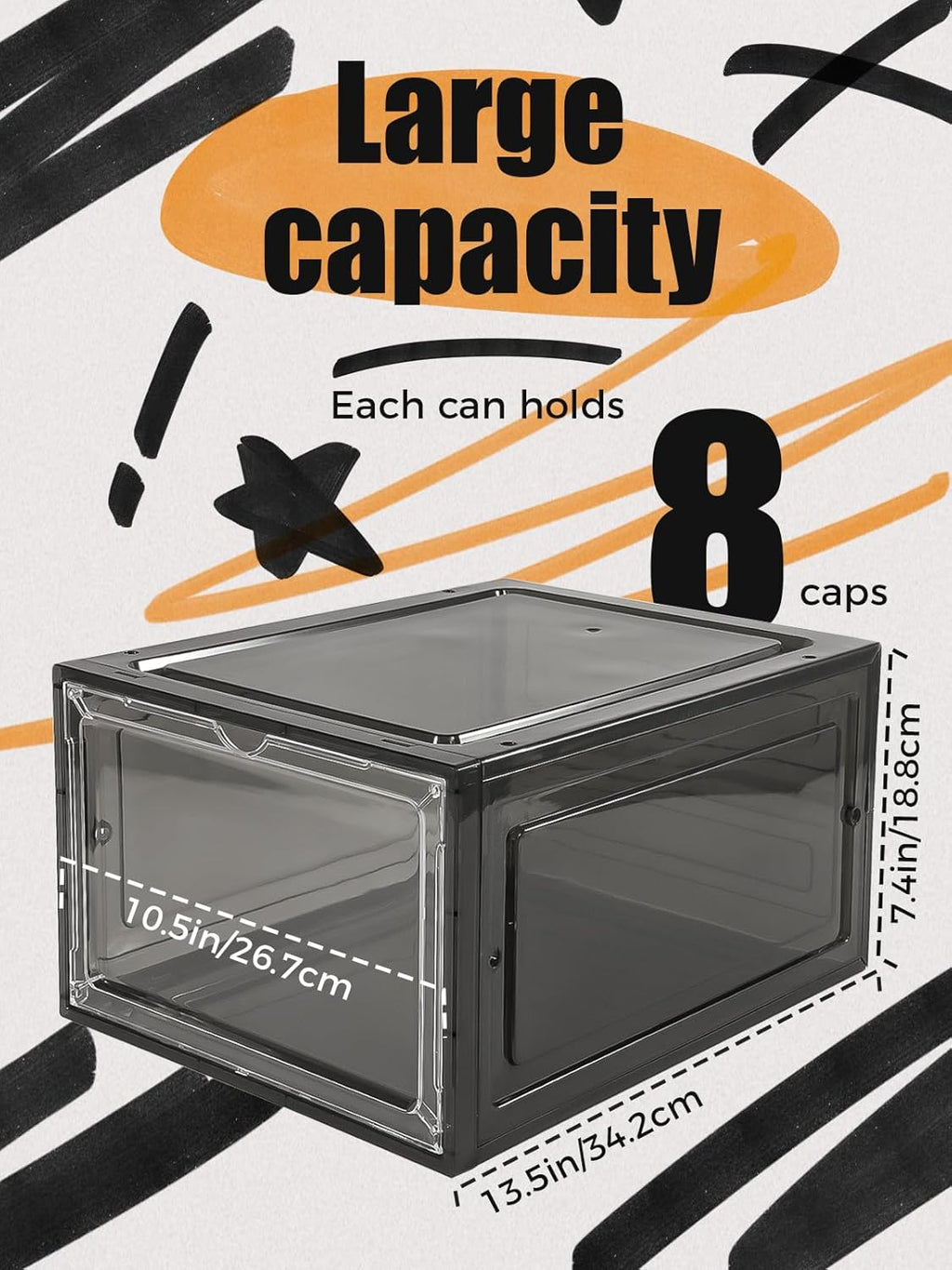 6 Pack Hat Organizer Box, Stackable Clear Baseball Caps Holder Box Containers with Magnetic Door for Hats Snapback Cap Storag, Hat Rack Display Case, Holds 8 Hats Each (Black)