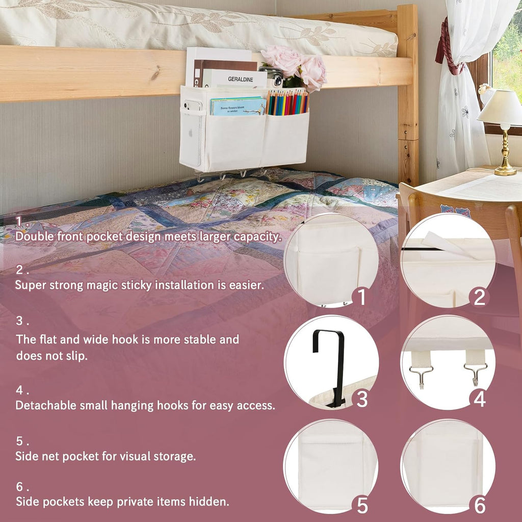 Bedside Storage Organizer 5 Pockets with 4 Hooks Hanging Storage Bag for Headboards/Bunk Bed (White)