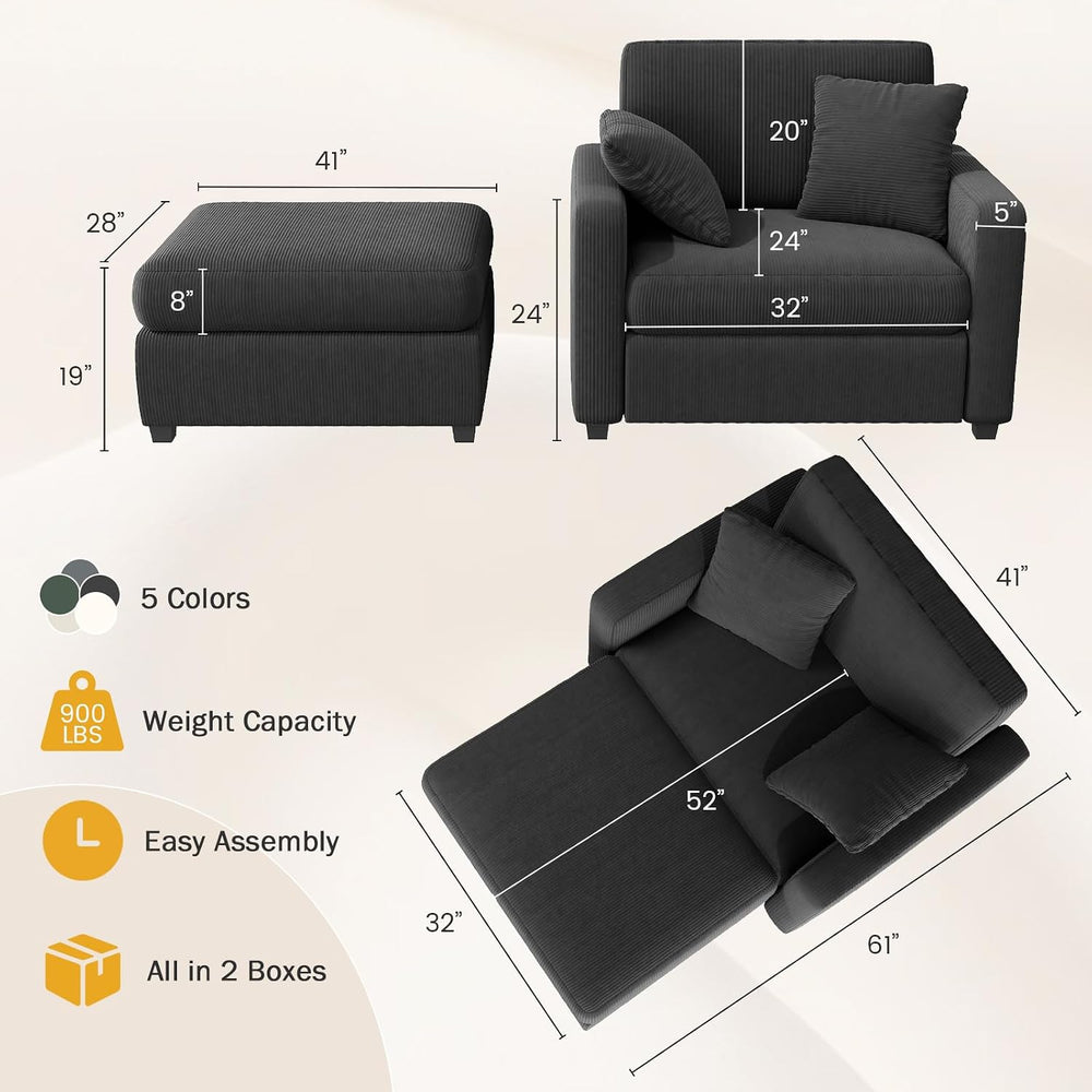 42" Oversized Chaise Lounge Chair Indoor, Corduroy Upholstered Cloud Sof...