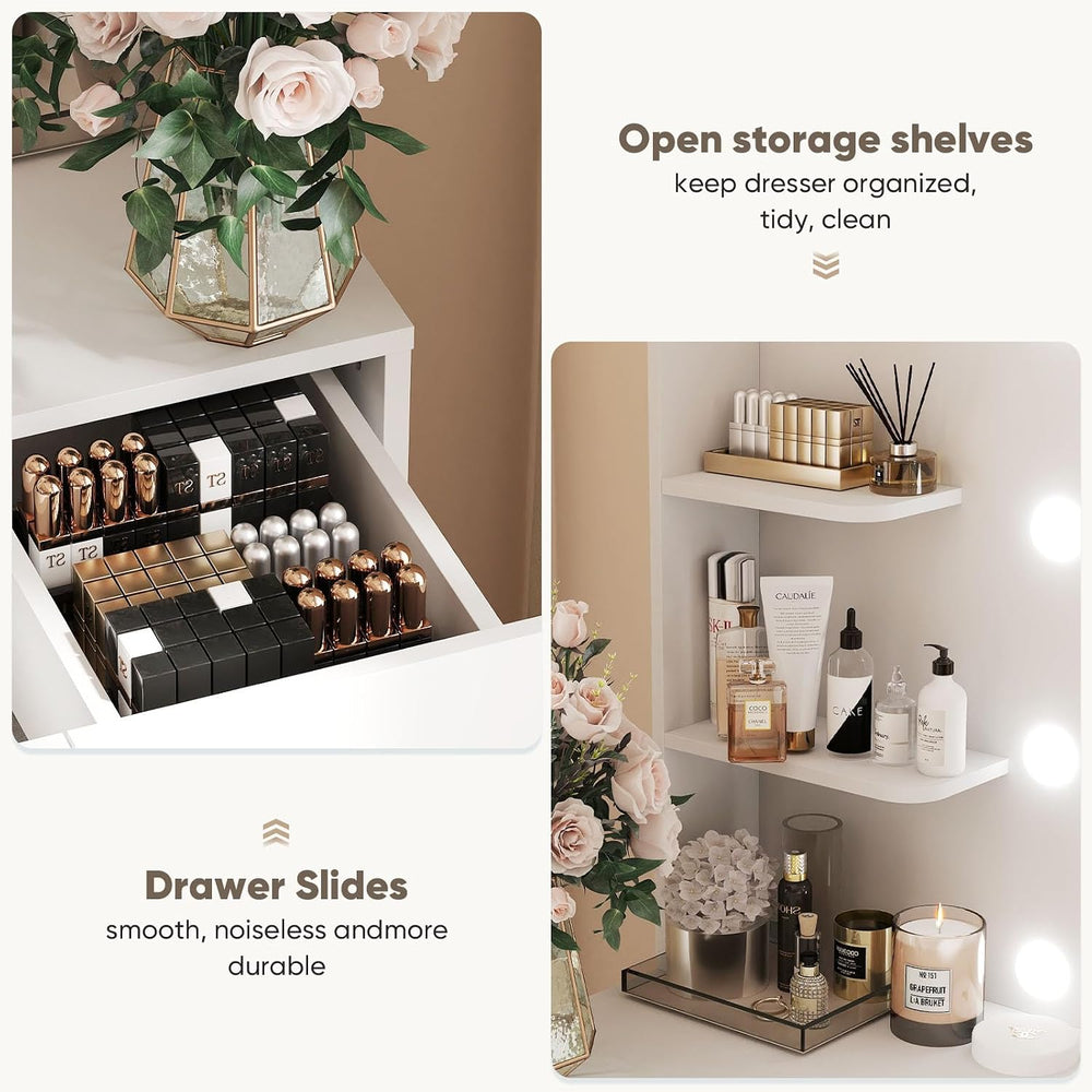 OLIXIS Vanity Desk with Mirror and LED Bulbs, Power Outlet Makeup Table with ...
