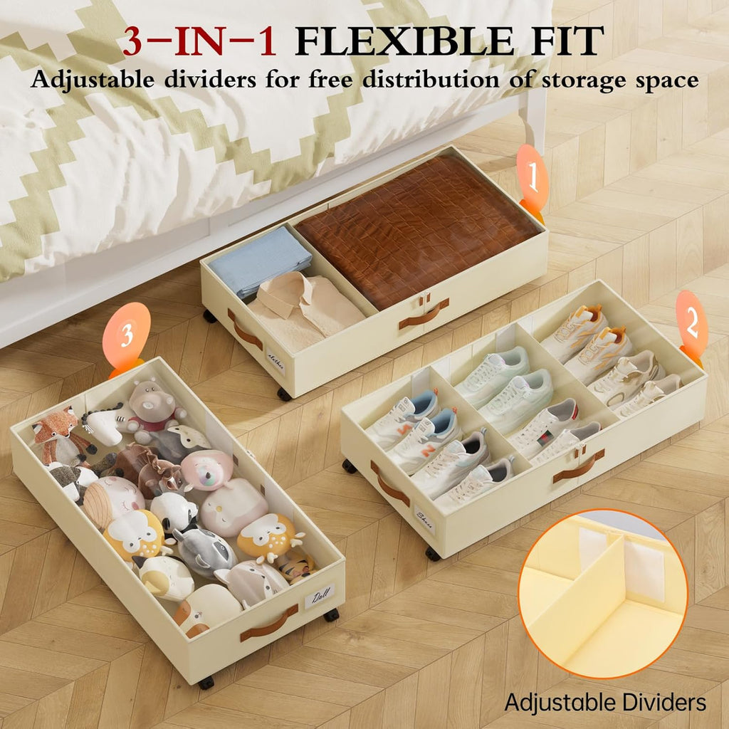 Yecaye Under Bed Storage with Wheels, 4 Pack Under Bed Storage Containers with Adjustable Dividers & Clear Window, Rolling Underbed Organizer Bins Drawers for Clothes, Shoes, Blankets, Beige