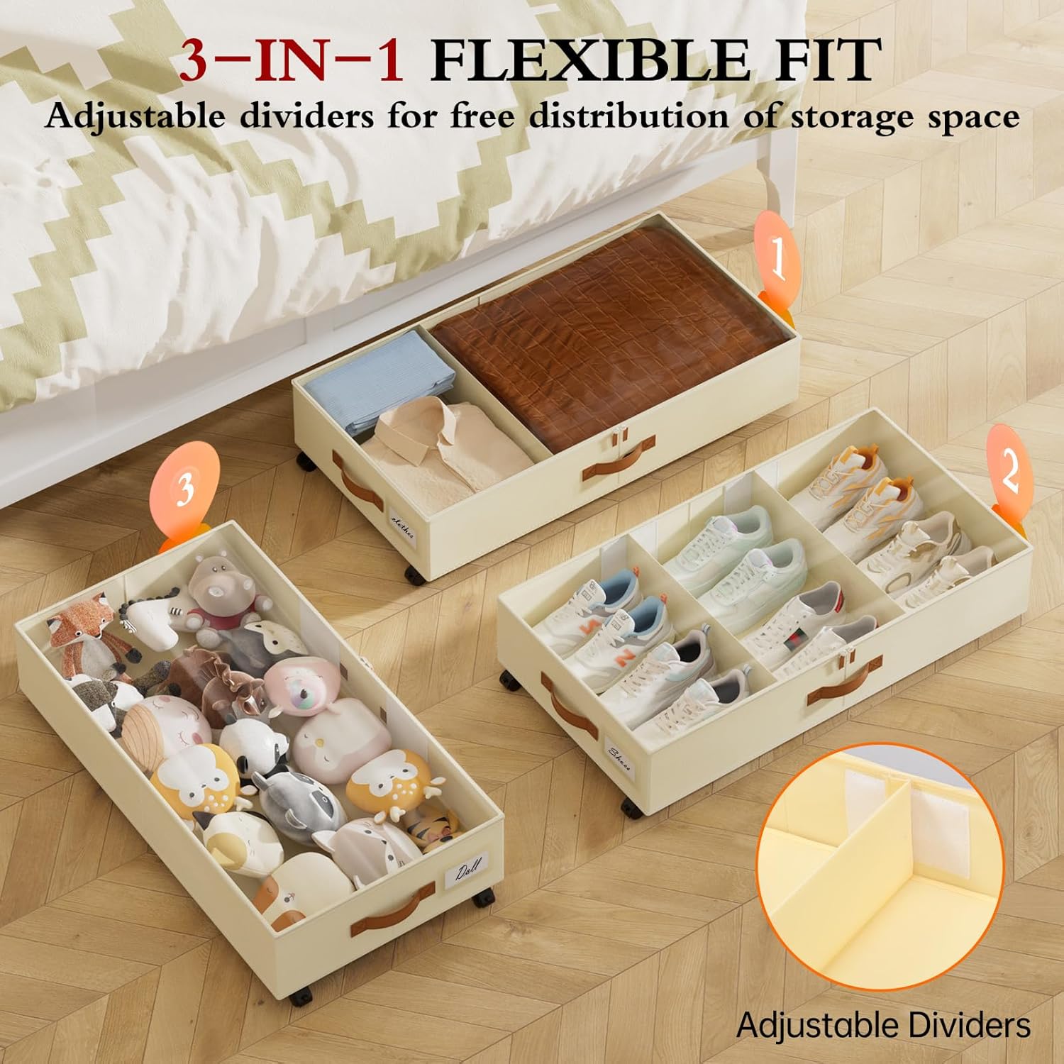 Yecaye Under Bed Storage with Wheels, 4 Pack Under Bed Storage Containers with Adjustable Dividers & Clear Window, Rolling Underbed Organizer Bins Drawers for Clothes, Shoes, Blankets, Beige