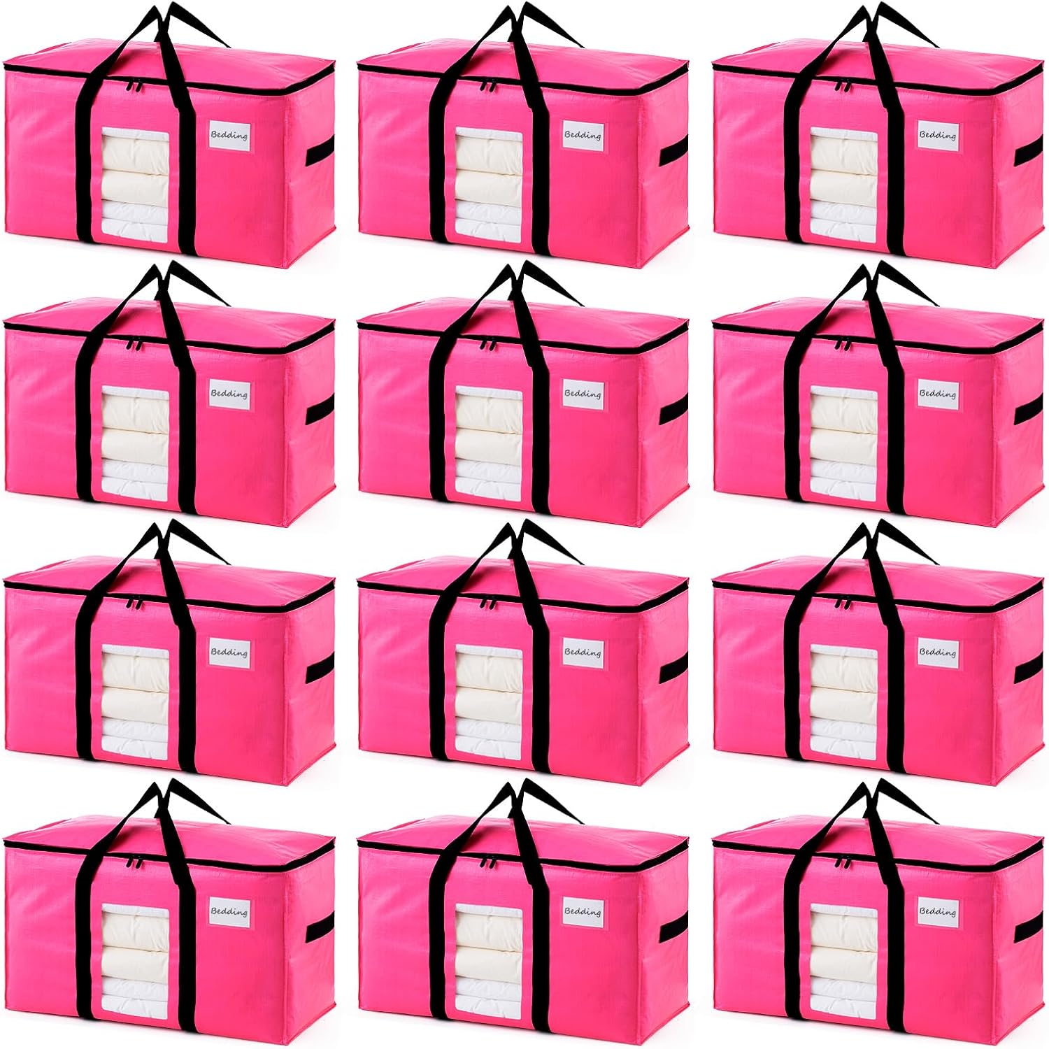 TAILI 12 Pack Pink Extra Large Moving Bags, Heavy Duty Totes with Visible Window, Wrap Around Handles, Space-Saving Storage Solution, Alternative to Moving Boxes