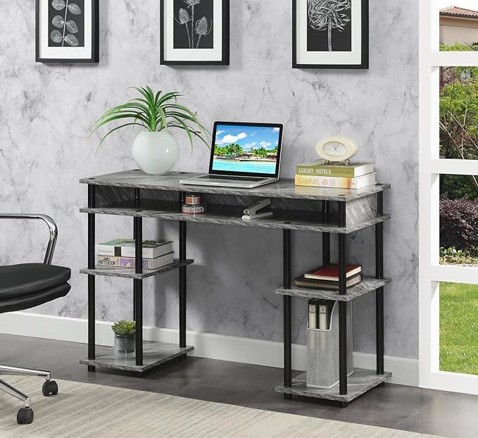Convenience Concepts Designs2Go No Tools Desk Home Office Desk with Shelves, Corner Shelf Vanity Desk Computer Desk Nail Table for Nail Tech - 47.25" L x 15.75" W x 30" H, Gray Marble/Black