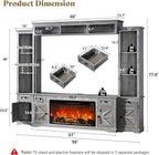 AMERLIFE 98in Farmhouse Entertainment Center with 36" Fireplace, TV Stand, Bookshelves, Wine Cabinet, Fits 75" TVs, Large Wall Unit Media Console with Power Outlets & Barn Doors, Living Room, Grey