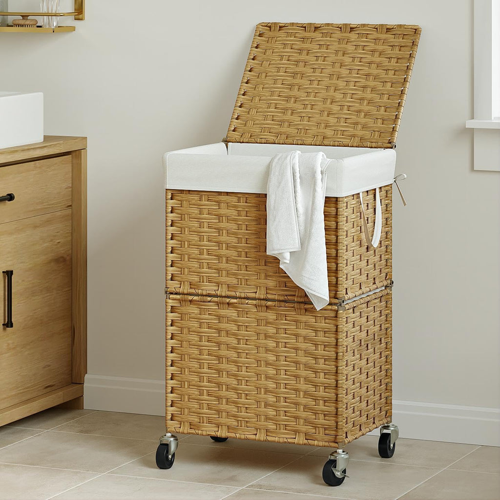 Chrislley 90L Slim Laundry Hamper with Wheels, Rolling Laundry Basket with Lid and Renovable Liner Bag, Handwoven Rattan Organizer for bedroom, bathroom, laundry room (Yellow)
