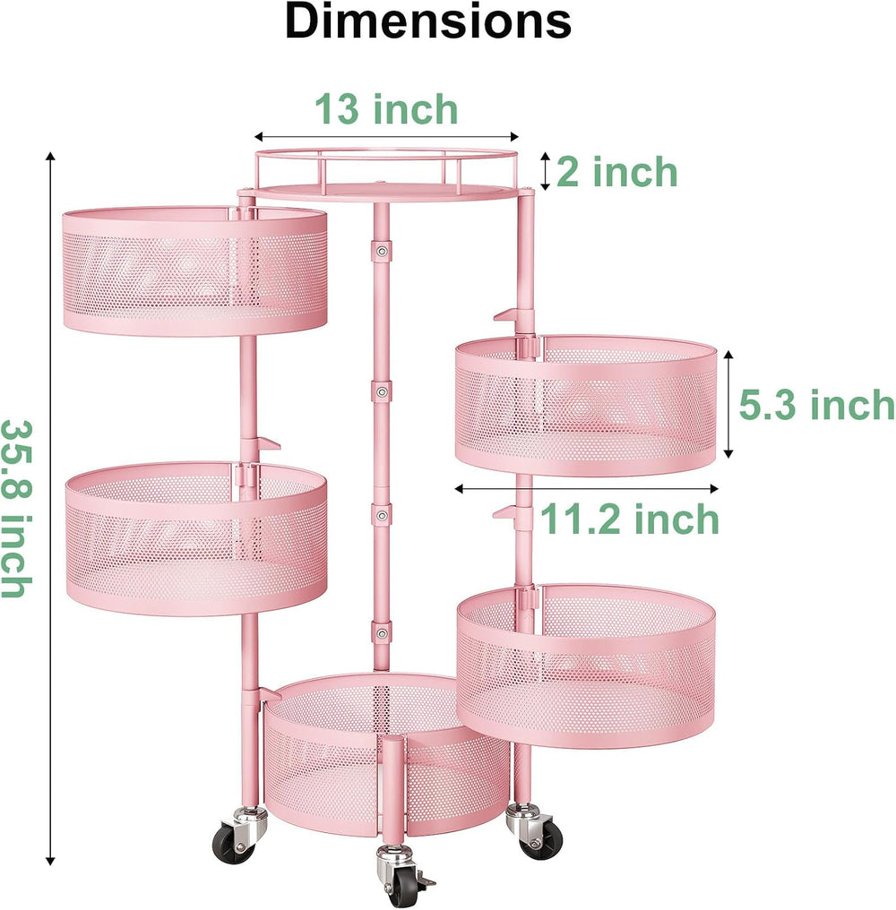 SAYZH 5 Tier Fruit Vegetable Basket Stand for Kitchen, Rotating, Pink | Rolli...