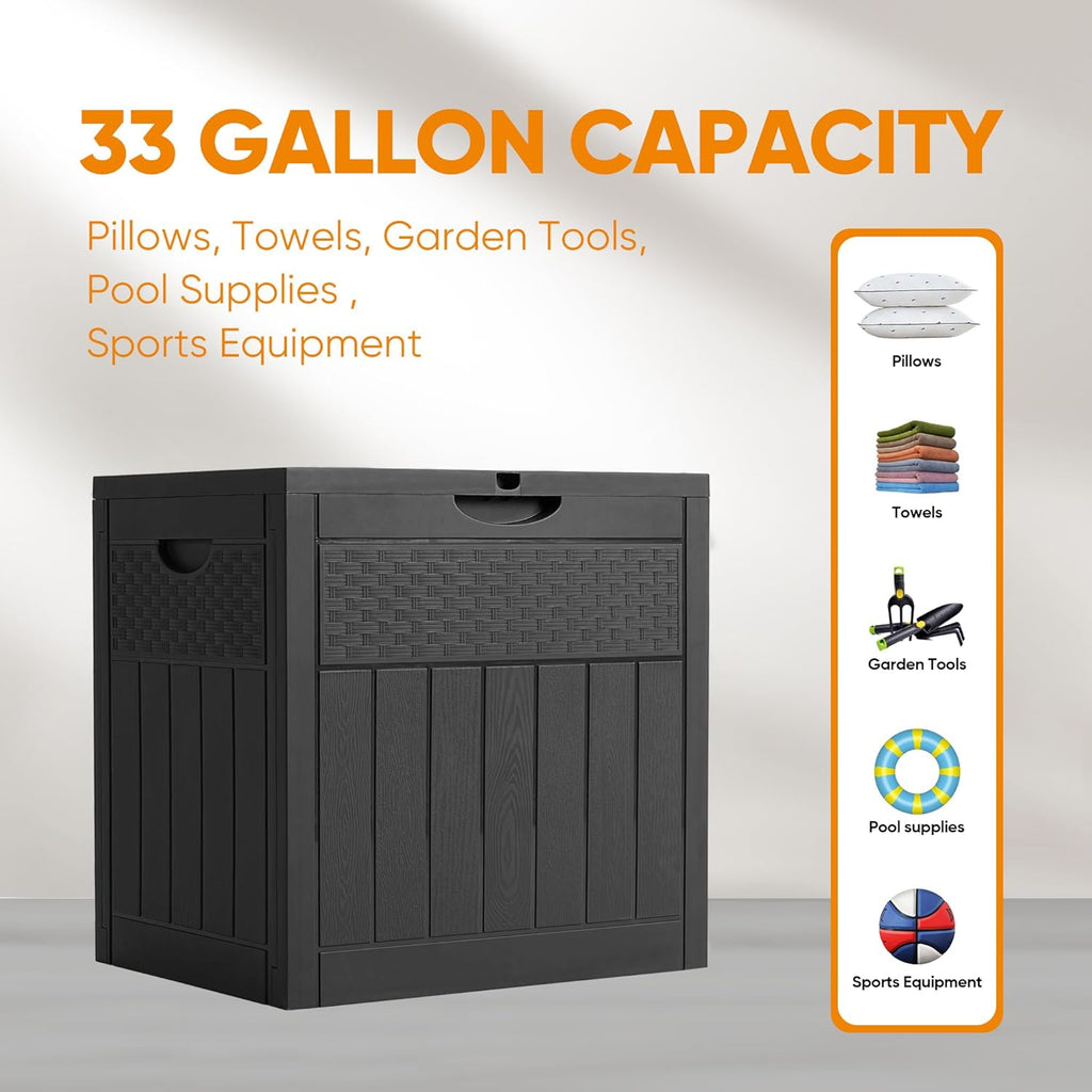 ZYJOYY 33 Gallon Resin Deck Box, Weatherproof Outdoor Storage Box for Patio, Garden, Pool, and Yard, Lockable Waterproof Bin for Tools, Cushions, and Accessories, Black