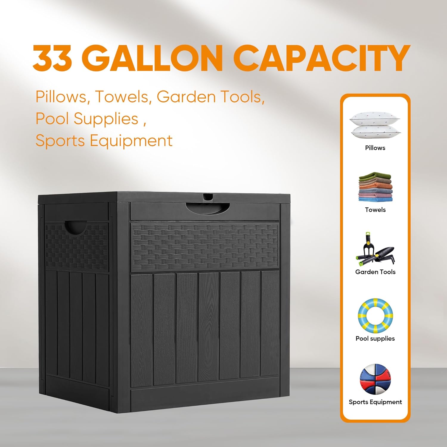 ZYJOYY 33 Gallon Resin Deck Box, Weatherproof Outdoor Storage Box for Patio, Garden, Pool, and Yard, Lockable Waterproof Bin for Tools, Cushions, and Accessories, Black