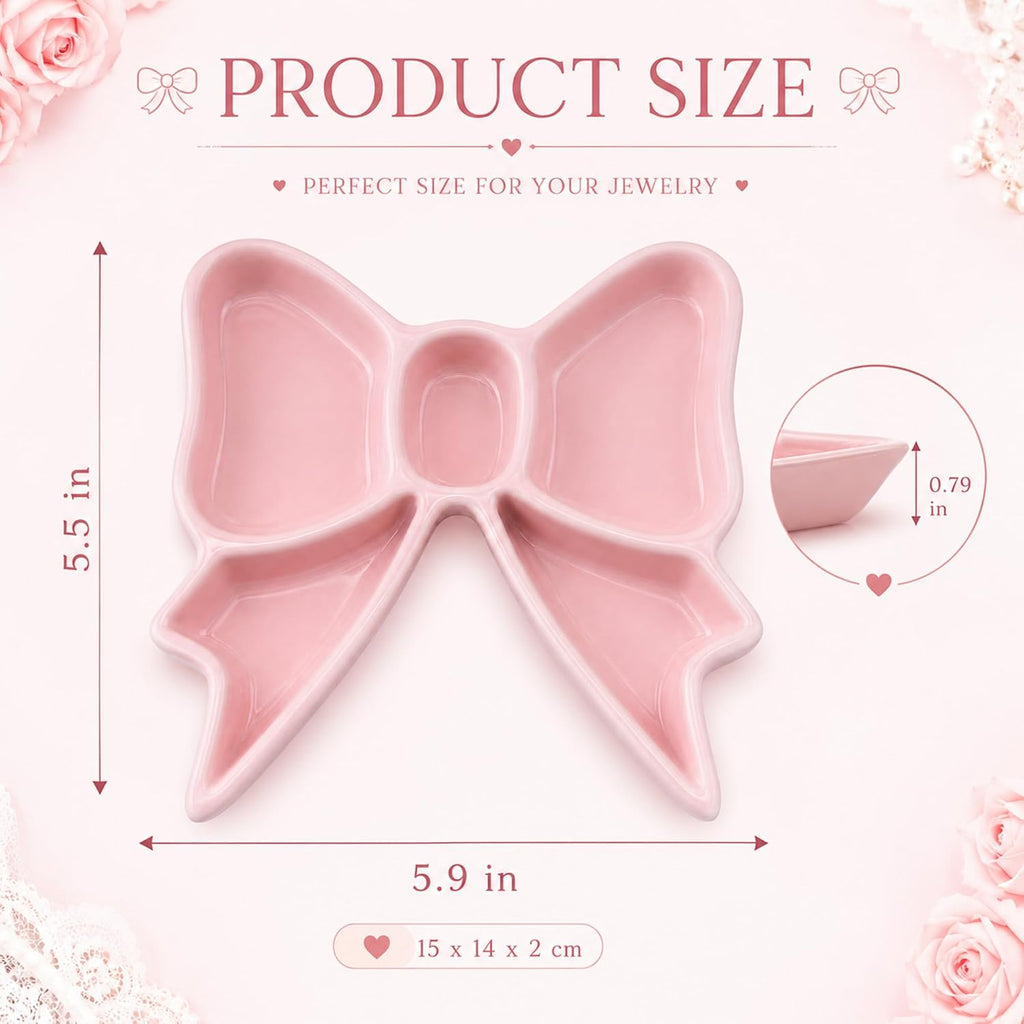 LemonRoad Bow Tray Jewelry Dish Coquette Room Decor Girls Storage Trinket Rings Necklace Earrings Ceramic Bow Organizer Gift