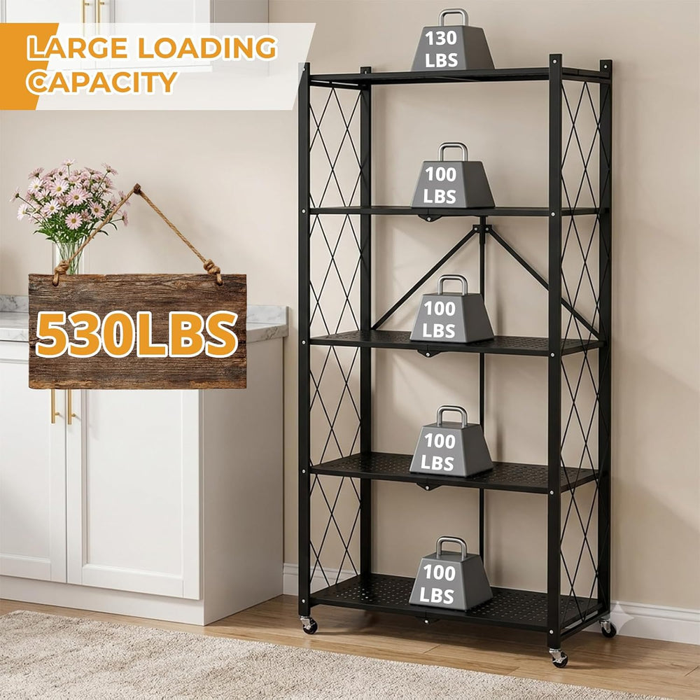 COKIHOM 5 Tier Foldable Storage Shelf with Wheels, Heavy Duty Metal Rolling S...