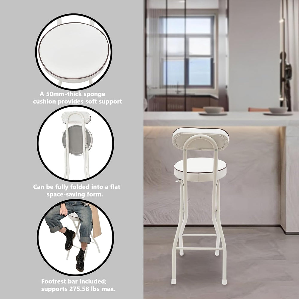 2 Pcs Folding Bar Stool with Backrest & Footrest 25.6in Height Tall Folda...