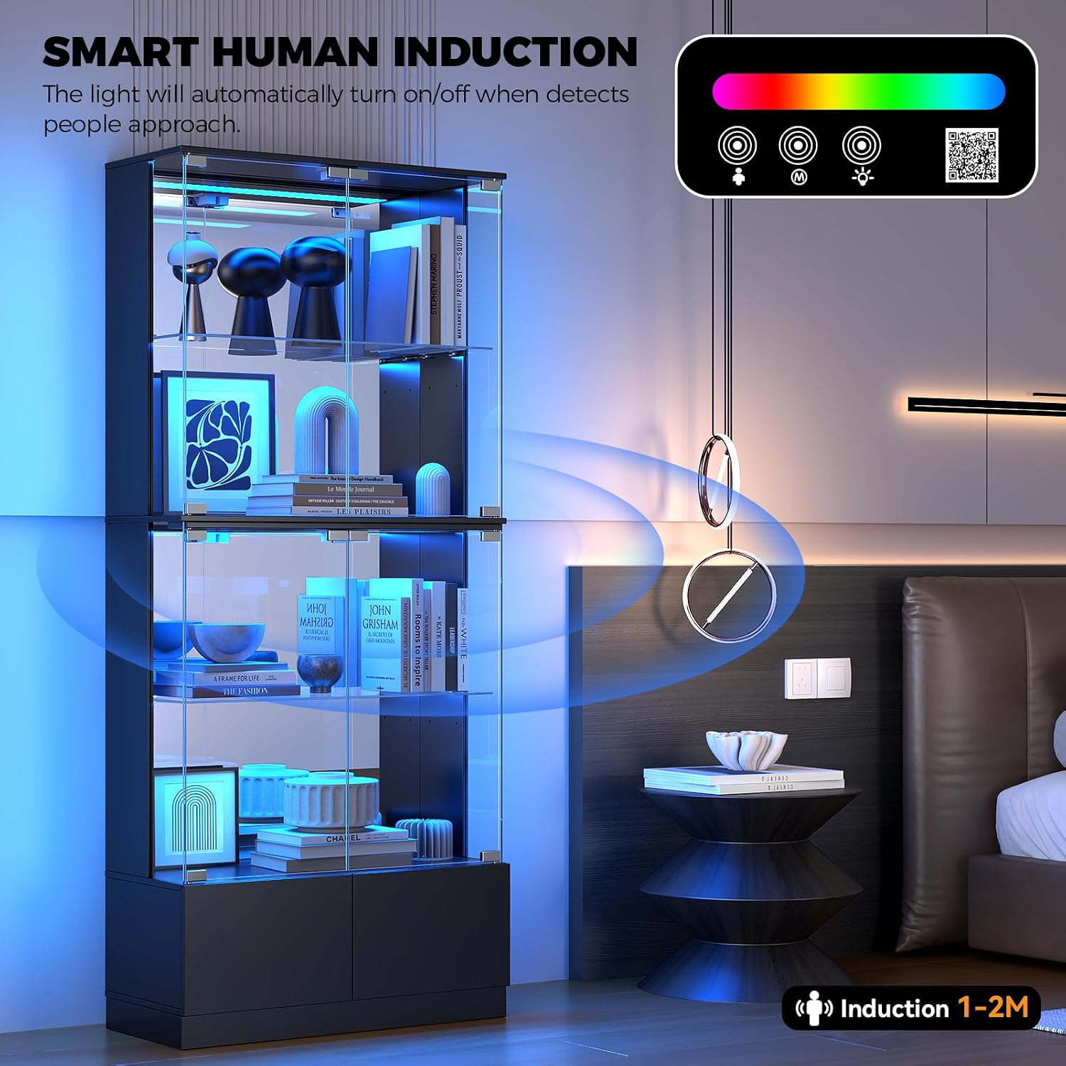 VersionTECH. Display Cabinet with Glass Doors, 4-Tier Curio Cabinet with RGB Lights for Collectibles, Display Case with 2 Drawers, Adjustable Glass Shelves, Human Body Sensor, Mirror Backing, Black