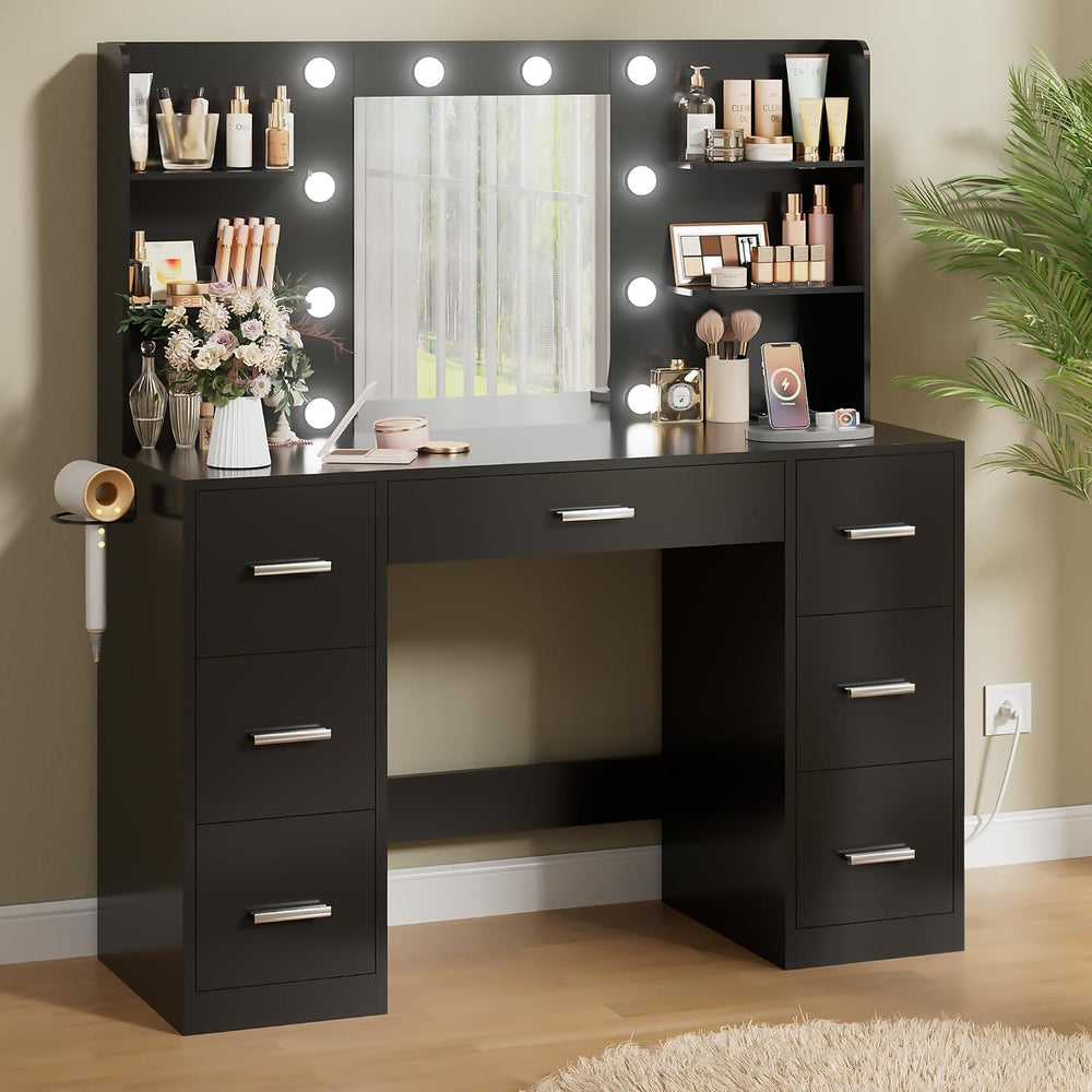 Makeup Vanity Desk with Mirror and 10 Lights, Table with 7 Drawers and 4 Open...