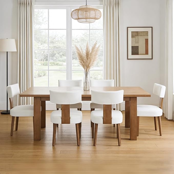 Modern Dining Chairs Set of 6, Upholstered Kitchen Chairs with Curved Back, Farmhouse Linen Fabric Dining Room Chair Modern Wood Chairs for Living Room/Home Office/Reception, Cream