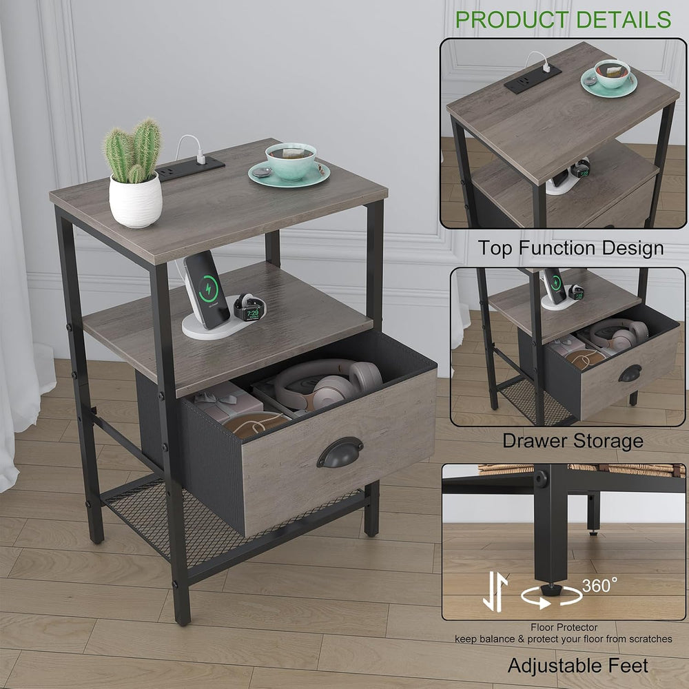 sthmec Nightstands Set of 2, Night Stands with Charging Station and Fabric Dr...