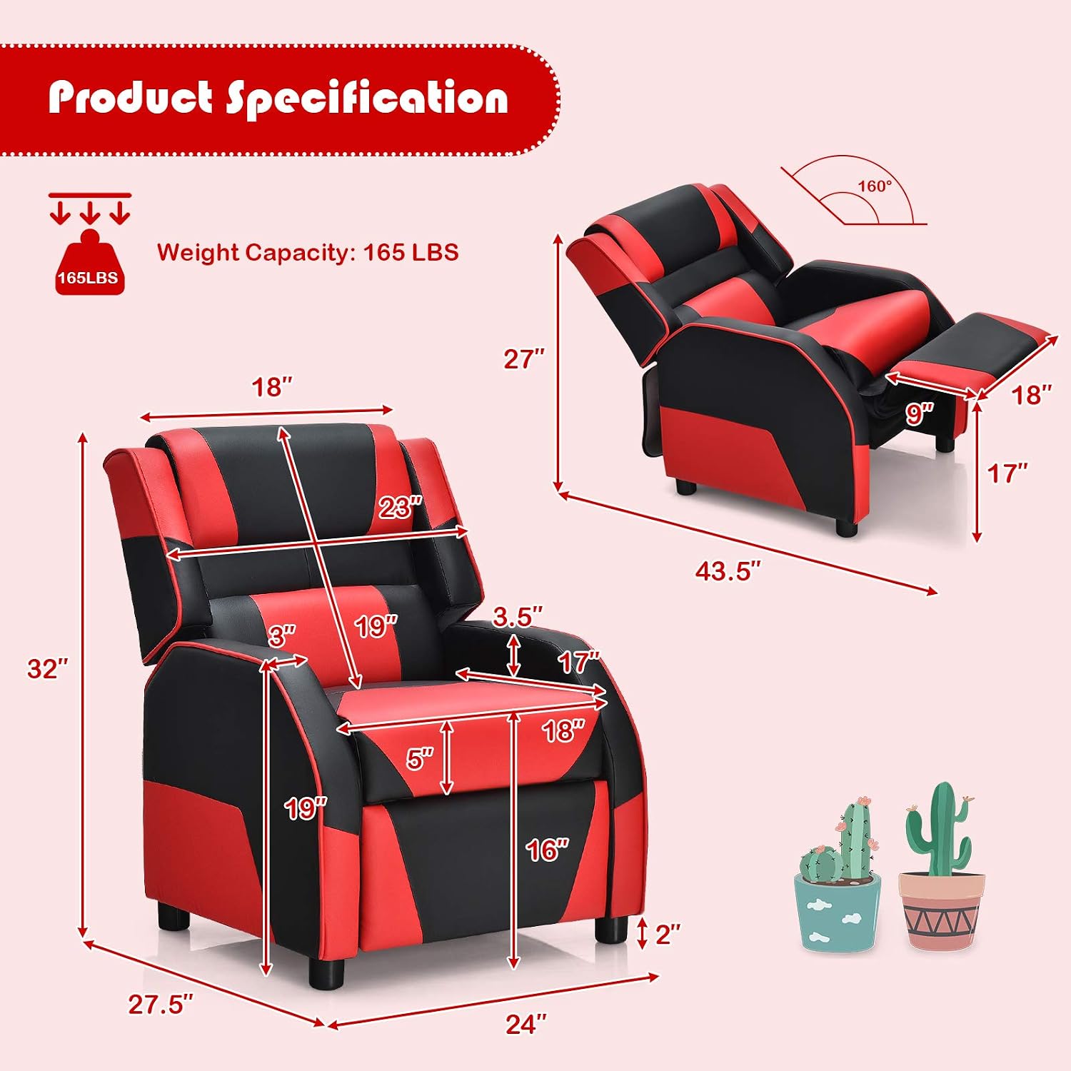 Costzon Kids Recliner, Gaming Recliner Chair w/Footrest, Headrest & Lumbar Support, Ergonomic Leather Lounge Chair for Living & Gaming Room, Adjustable Racing Style Sofa for Children Boys Girls, Red