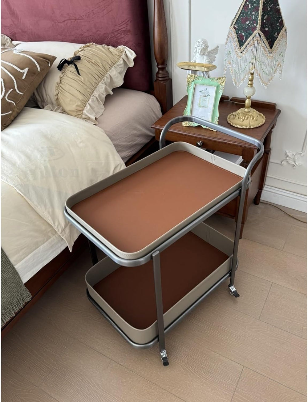 Rolling End Table, Side Table with Wheels, Modern Serving Cart Snack Table fo...