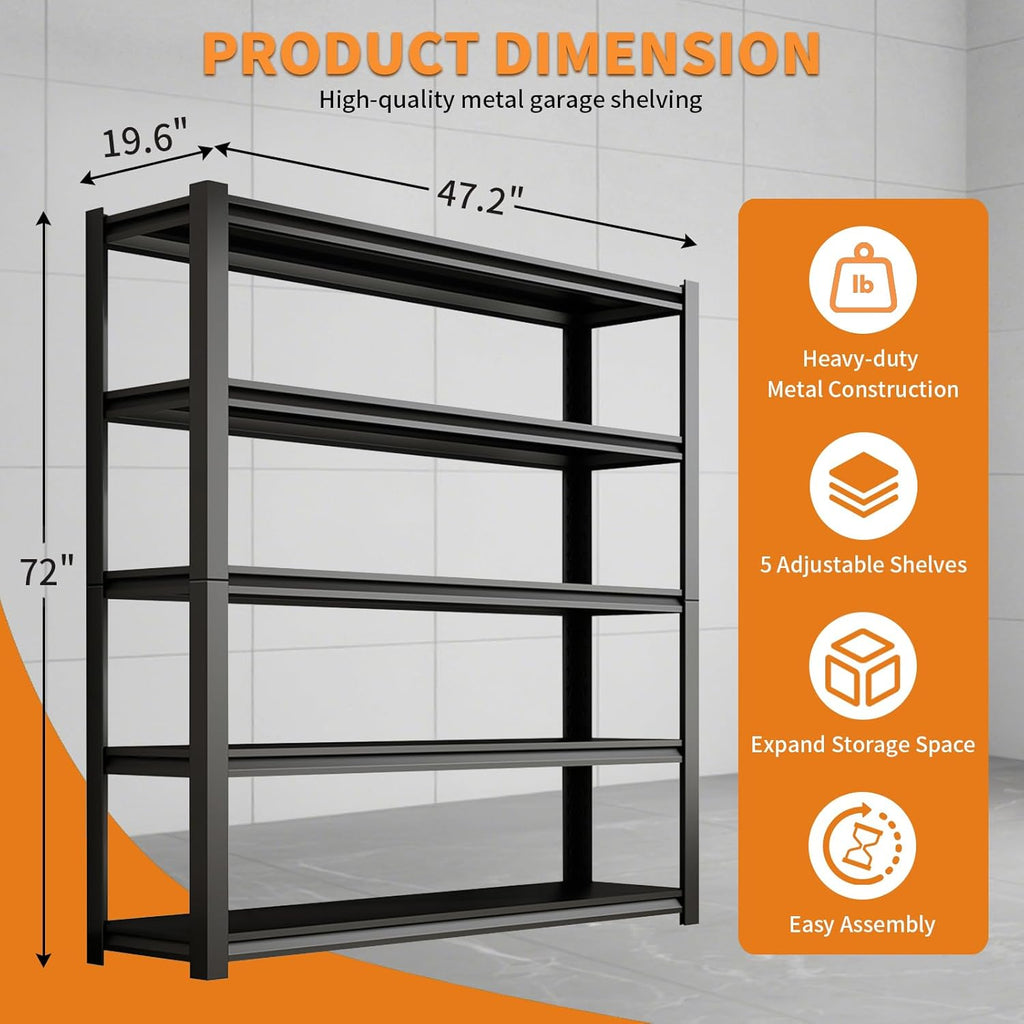 Dyoung 47. 2" W Garage Storage Shelves Adjustable 5 Tier Metal Shelves Heavy Duty 2200LBS Capacity Industrial Shelving Units Rack for Warehouse Basement Garage, Black (19.6" D×47.2" W×72" H)