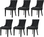 Modern Leisure Linen Dining Chairs Set of 6, Upholstered Dining Chair with Solid Wood Legs, Mid-Century Dining Room Chairs with Pull Ring and Tufted Backrest, Black