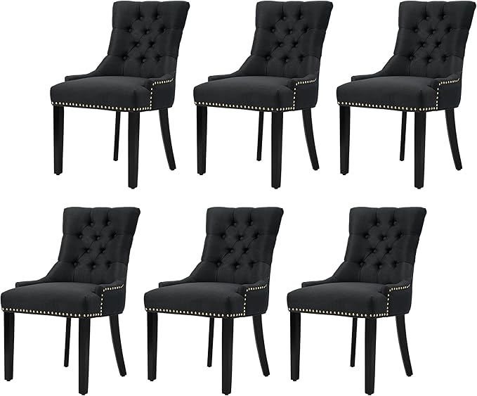 Modern Leisure Linen Dining Chairs Set of 6, Upholstered Dining Chair with Solid Wood Legs, Mid-Century Dining Room Chairs with Pull Ring and Tufted Backrest, Black