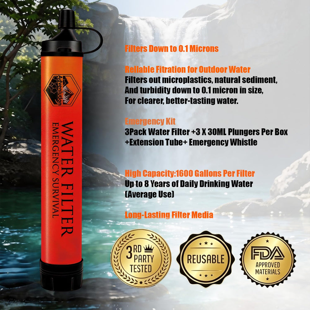 3-Pack Water Filter Straw with Emergency Whistle