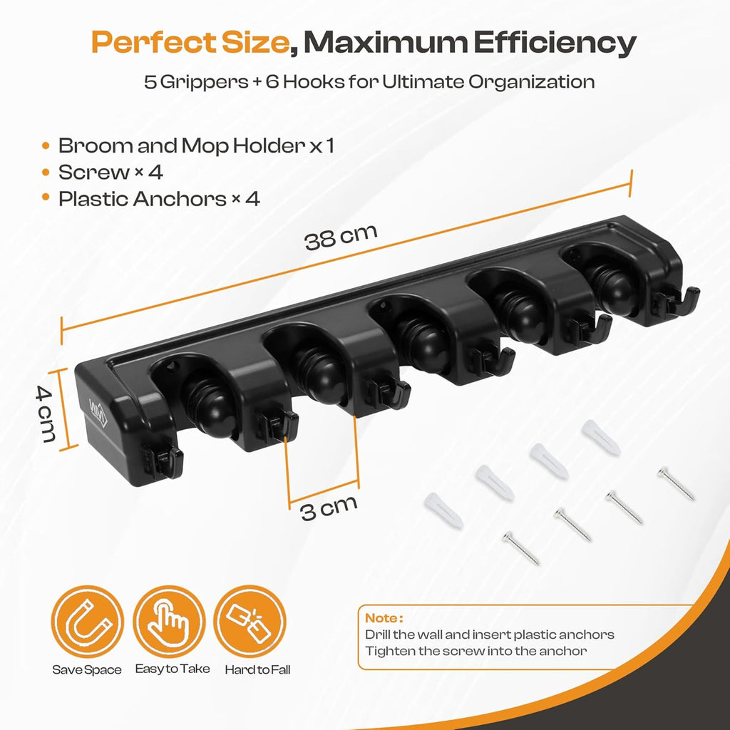 Heavy Duty ABS Plastic Broom Holder with 5 Slots and 6 Hooks | Wall Mount Mop and Broom Hanger | Waterproof Broom Organizer with Screws| Wall Mount Tool Organizer for Garage Storage