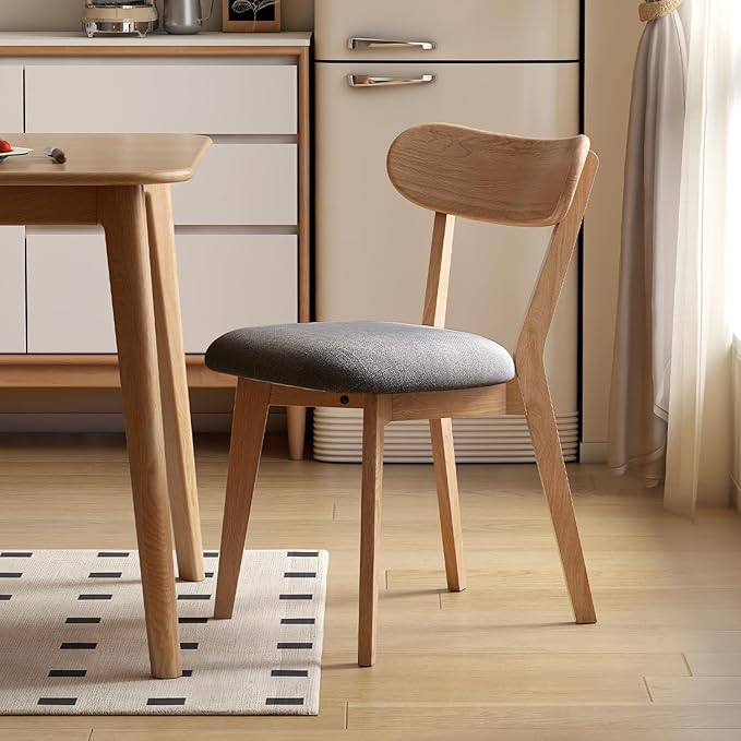 100% Solid Oak Dining Chairs, Mid Century Modern Dining Chair with Curved Backrest, Fabric Upholstered Dining Chairs for Kitchen, Study, Living Room (4, Original Wood-Dark Gray Cushion)