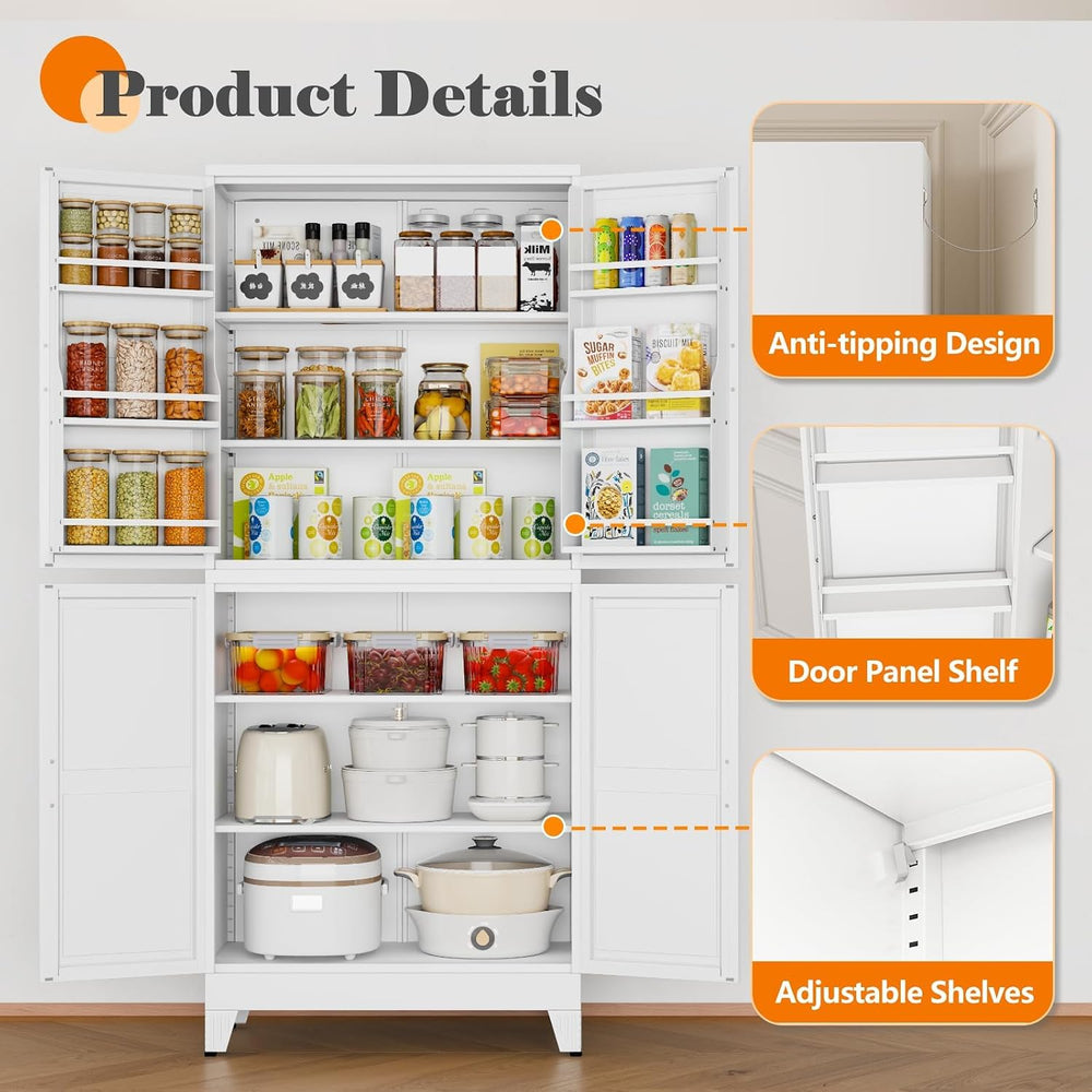 GAIOUS 74.8" Tall Metal Food Cabinet, White Kitchen Pantry Cabinet Cupbo...