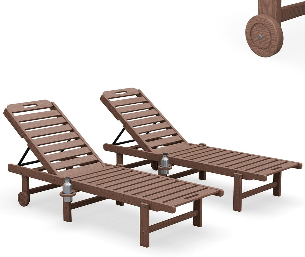 SERWALL HDPE Outdoor Chaise Lounge Set of 2 with Cup Holder & Wheels, Brown