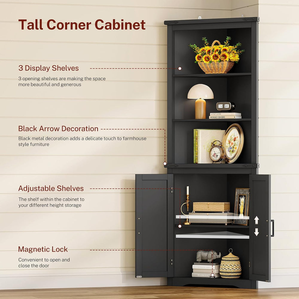 Farmhouse Corner Cabinet, 70.3" H Tall Corner Hutch with 5 Shelves &...