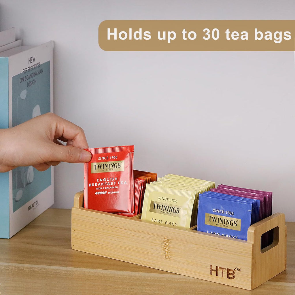 HTB Small Tea Bag Holder, Bamboo Tea Organizer 3 Compartments for Beverage Suppliers, Sugar, Sweeteners, Individual Packets, Portable Tea Bag Organizer for Home Kitchen Counter or Office