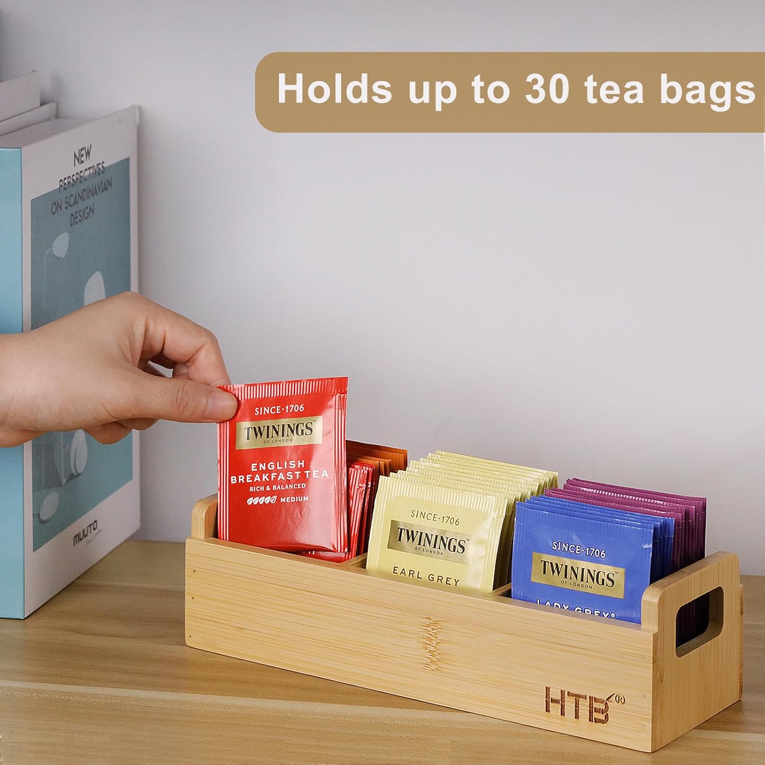 HTB Small Tea Bag Holder, Bamboo Tea Organizer 3 Compartments for Beverage Suppliers, Sugar, Sweeteners, Individual Packets, Portable Tea Bag Organizer for Home Kitchen Counter or Office