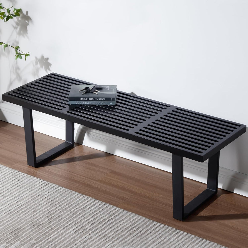 55" Black Wood Entryway Bench, Industrial End of Bed Bench for Bedroom, ...