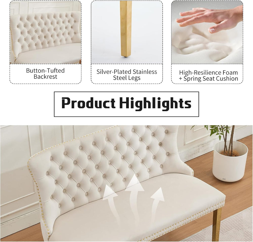 Beige Velvet Dining Bench with Back, Tufted Banquette Seating, Gold Legs | Up...