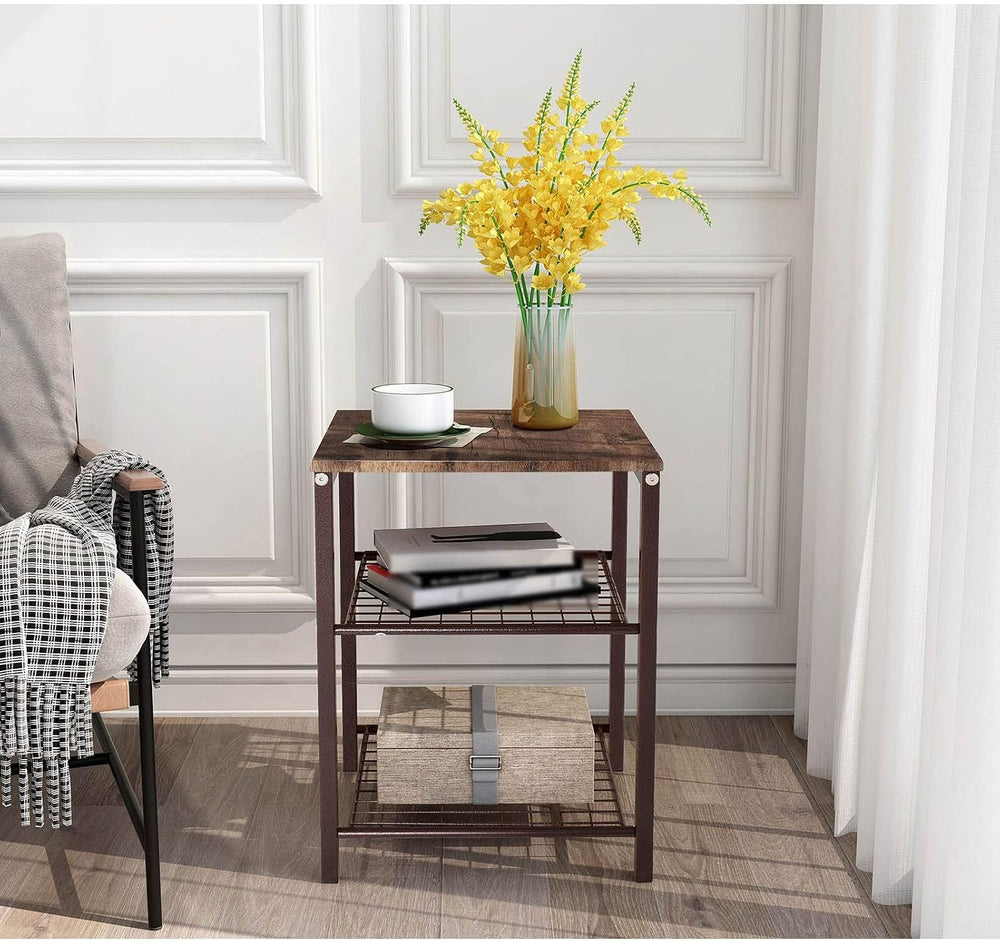 Wrought Iron Bedside Table with 3 Tier Open Storage Shelf Sofa Side Table, Po...