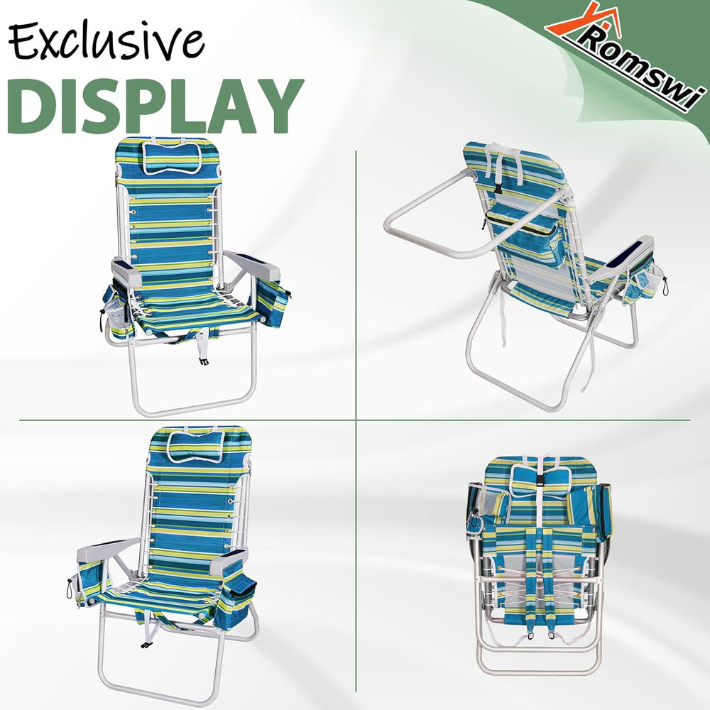 Romswi Tall Beach Chair Extra Wide for Adults, 17" High Seat Backpack Be...