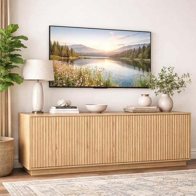 63'' Fluted TV Stand for TVs up to 75'', Modern Long Media Console with Storage Cabinets & Adjustable Shelves, Entertainment Center for Living Room Bedroom (Oak)