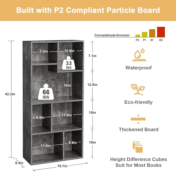 VECELO 42" Contemporary Bookshelf, 7 Cube Organizer Bookcase,Fits Tallest Hardcovers, Horizontal Available,Floor Standing Display,Easy Assembly, Modern Gray