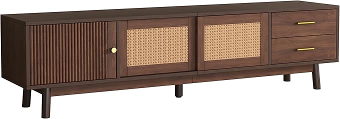 Ball & Cast Mid-Century Modern TV Stand for TVs up to 80", 70" Media Console with Rattan Sliding Doors & 2 Drawers,Solid Wood Legs,Entertainment Center w/Storage for Living Room,Bedroom,Dark Brown